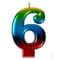 Свеча -цифра "6" Радуга металлик 8см/V